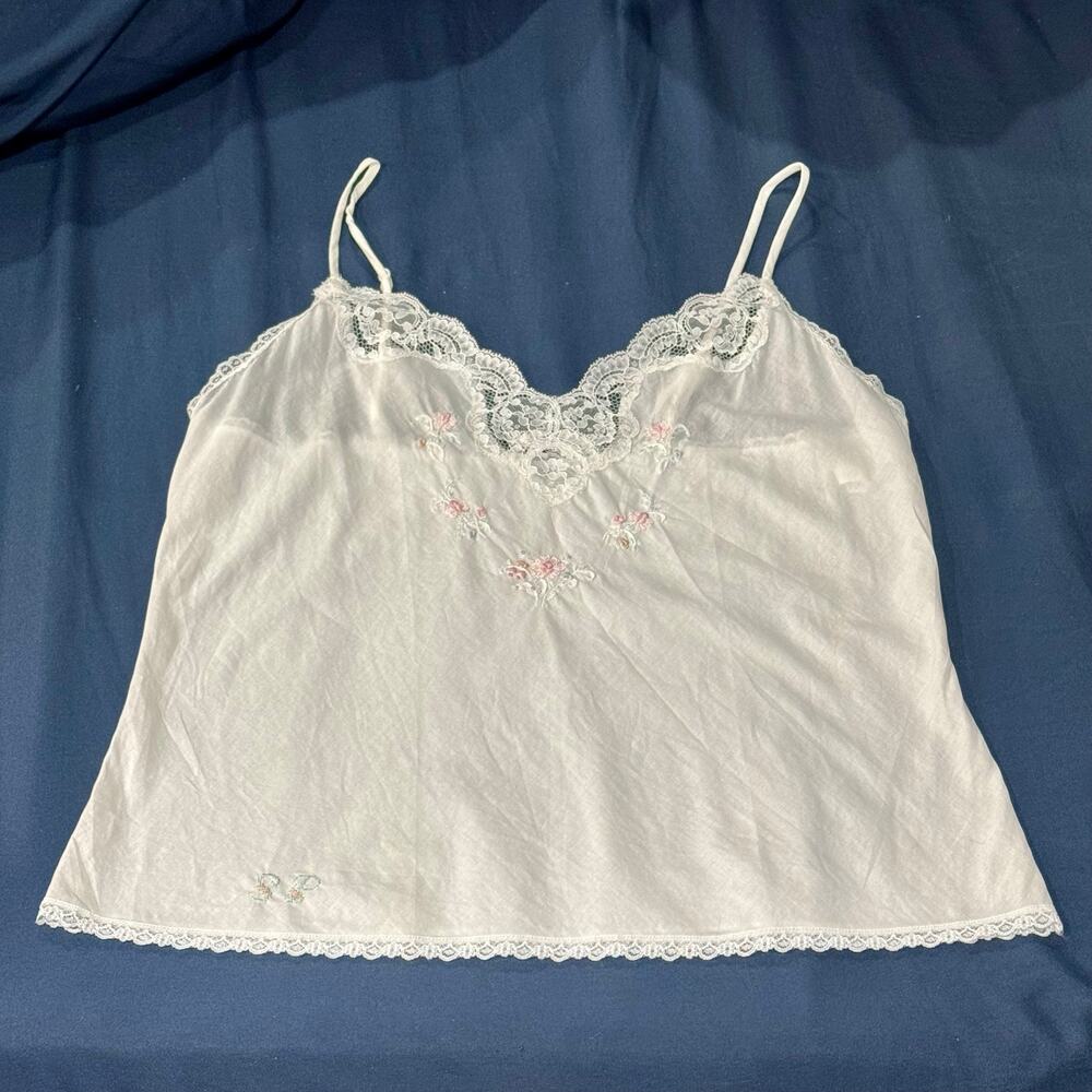 Vintage Barbizon White Cotton Floral Embroidered Lace Cami Medium SP Monogram
